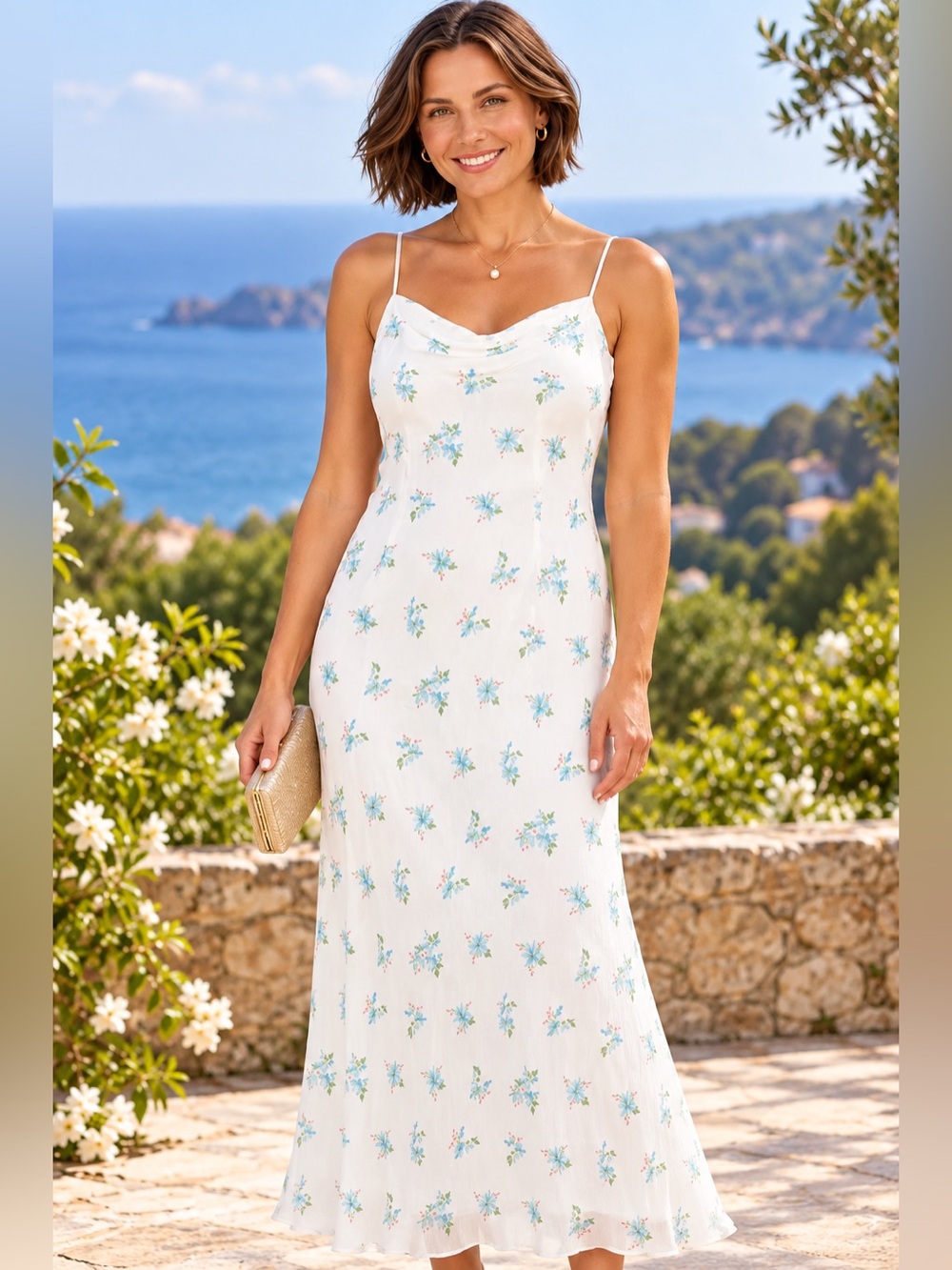 French Connection Ivory Floral Cowl Neck Midi Dress Size 12 NWT